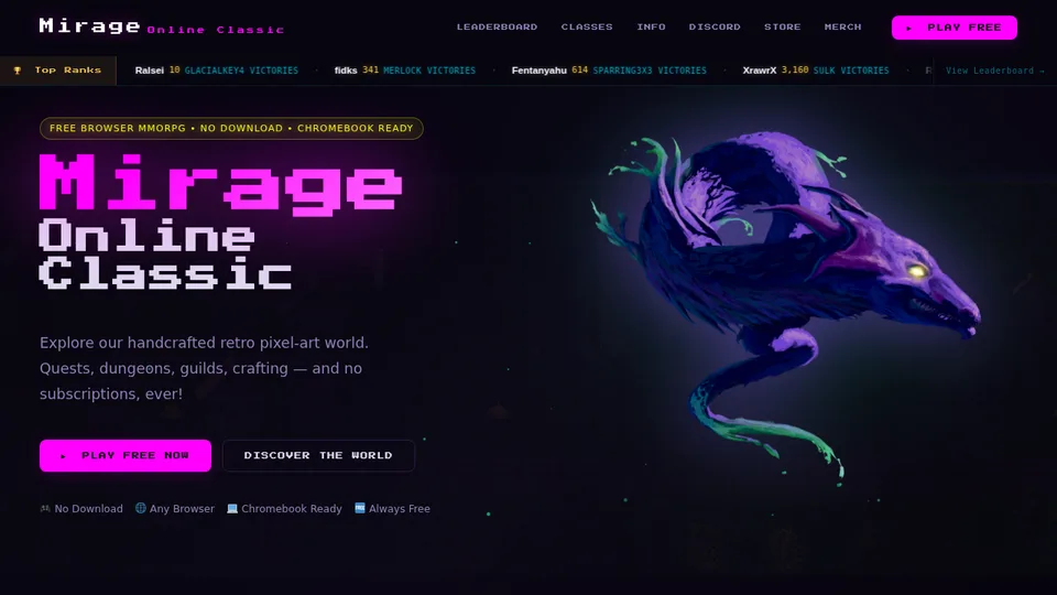 Mirage Online Classic home page