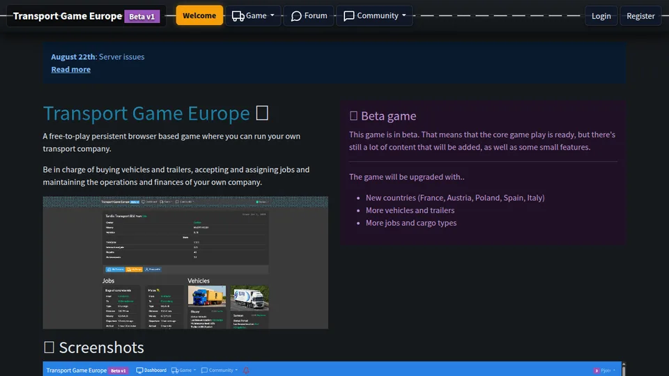 Transport Game Europe home page